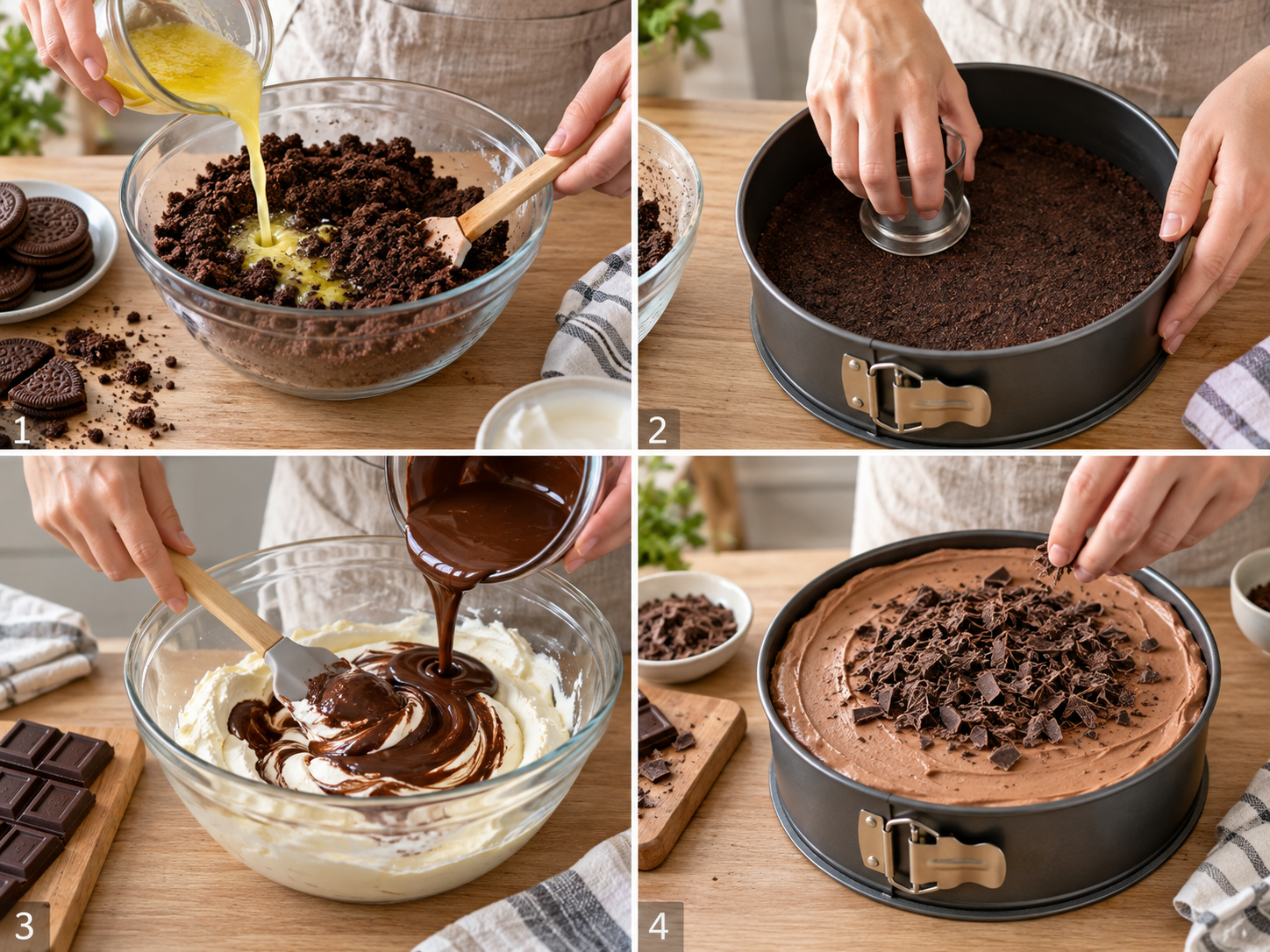 Vier Schritte für Mascarpone-Schokokuchen vom Keksboden bis zur Creme