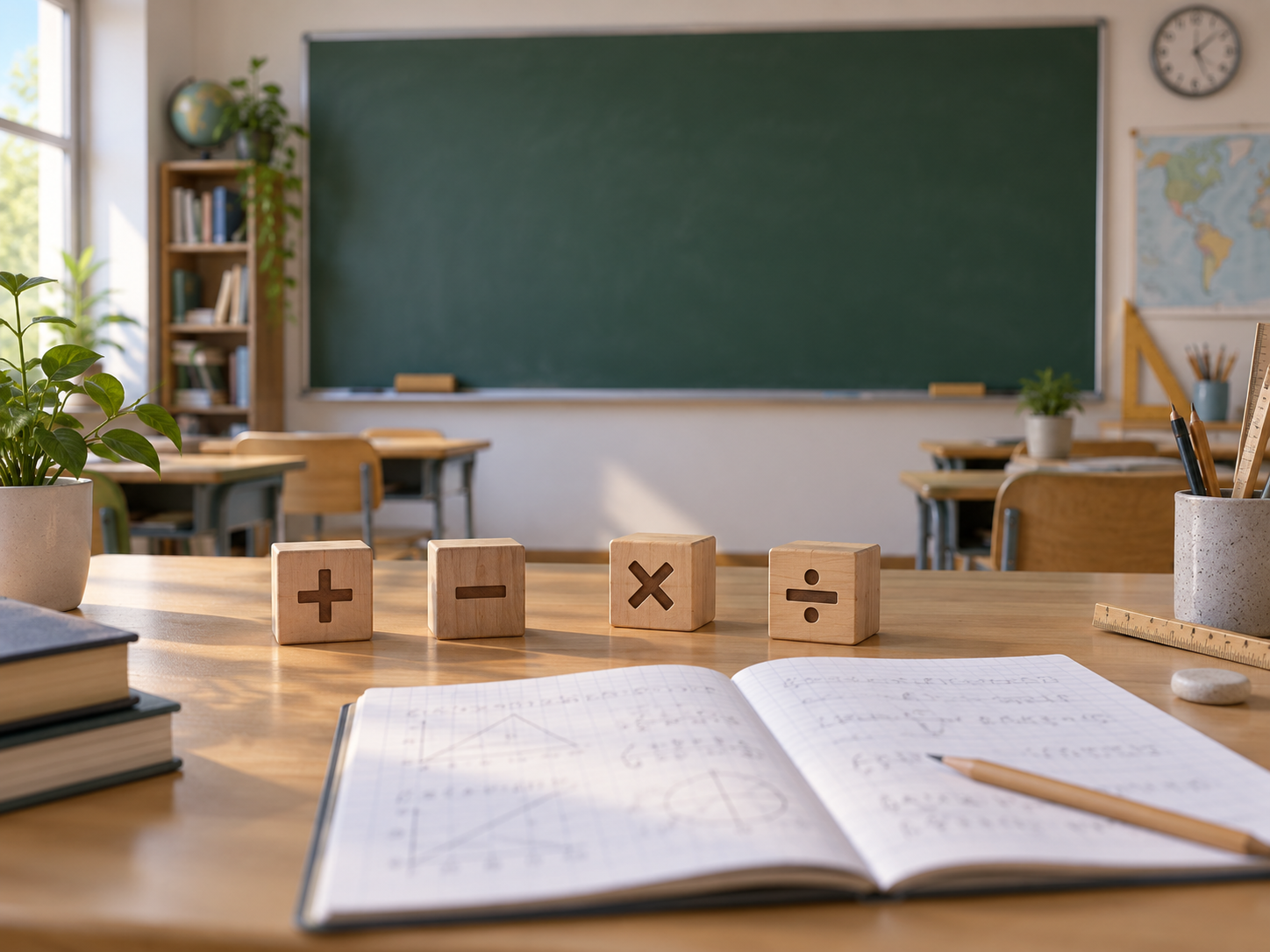 Leere Tafel, Heft und Operatorblöcke in einer ruhigen Klassenzimmer-Szene