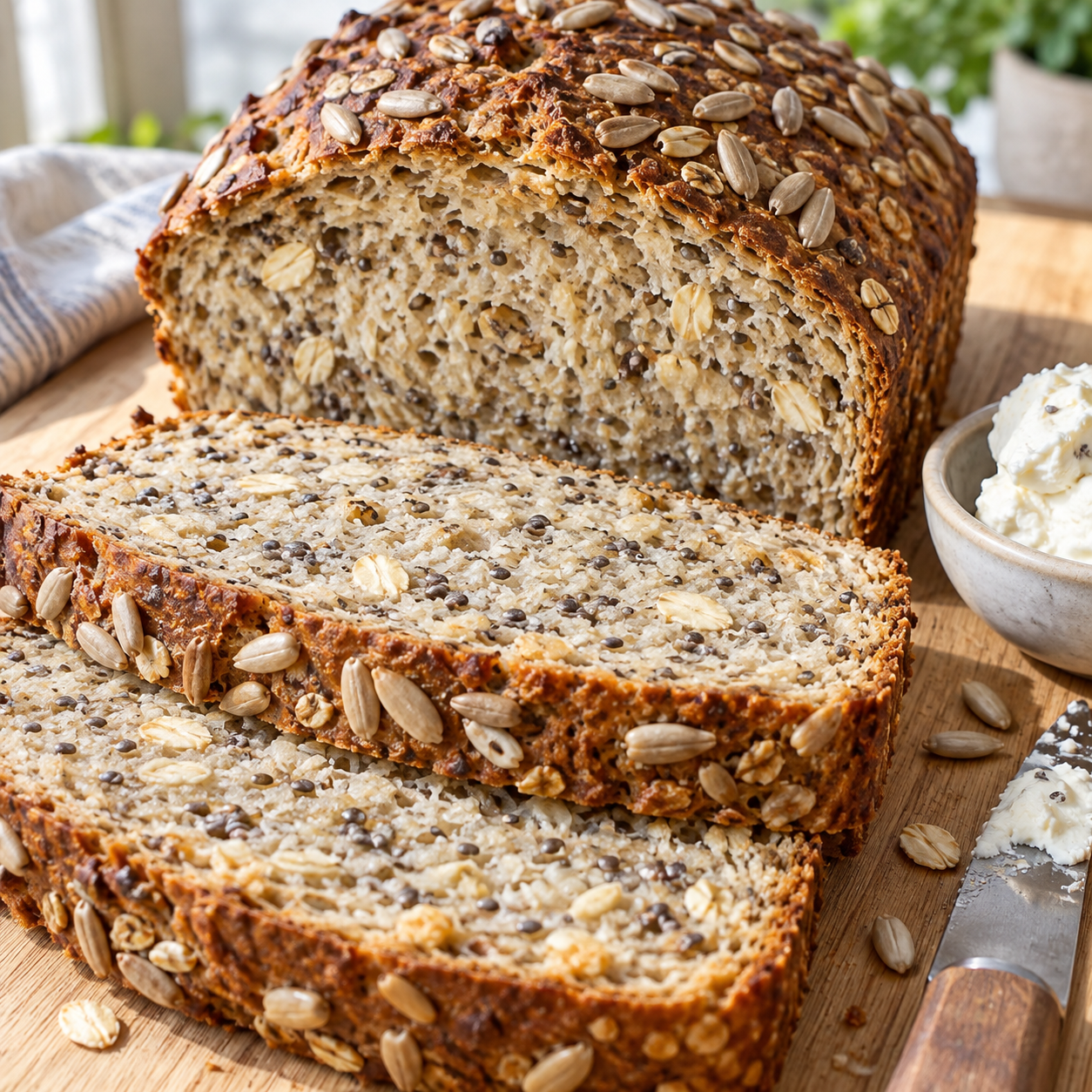 Mehlfreies Hafer-Chia-Brot in Scheiben mit kerniger Kruste