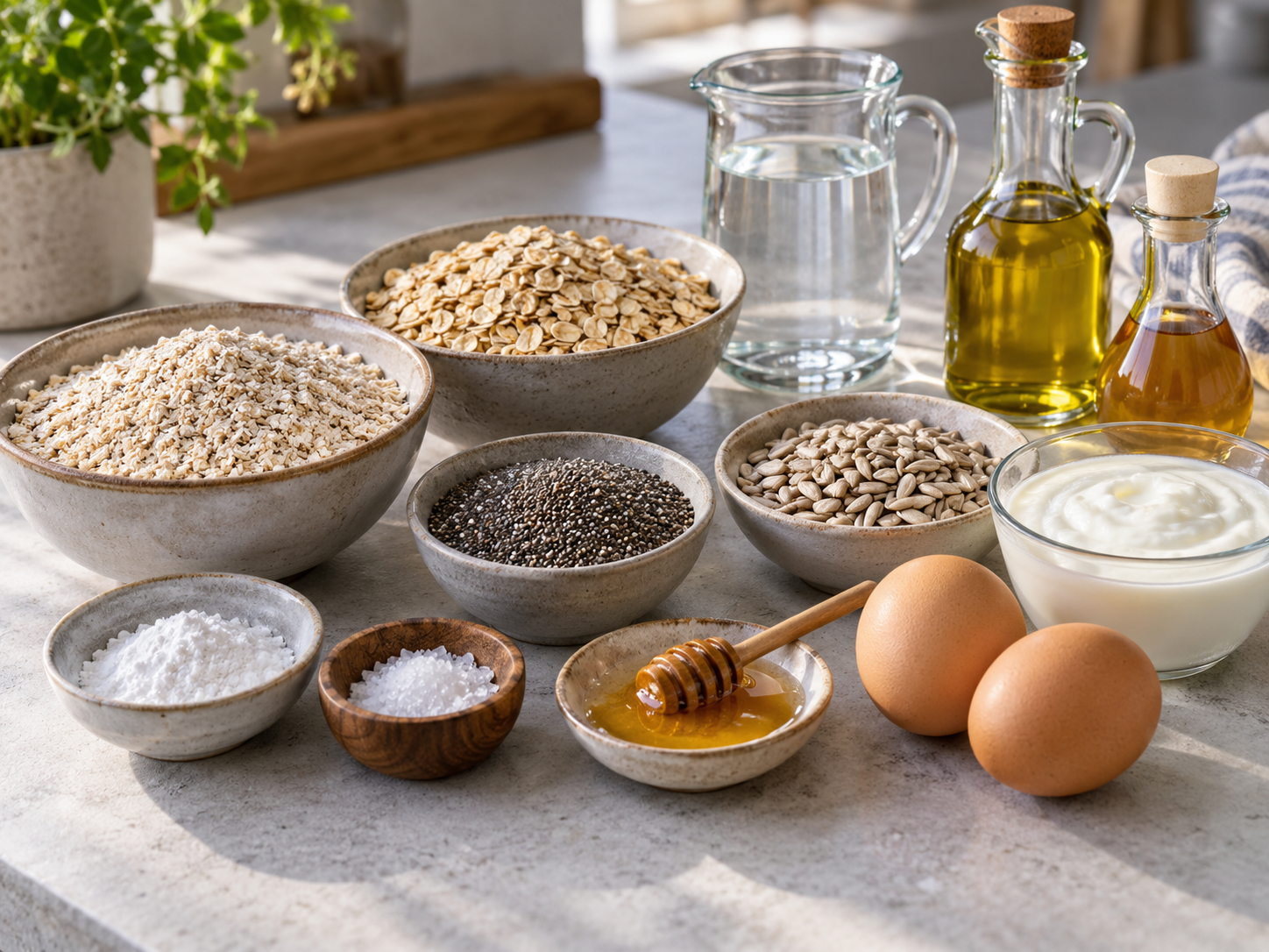 Zutaten fuer Hafer-Chia-Brot mit Haferflocken, Chia, Joghurt und Eiern