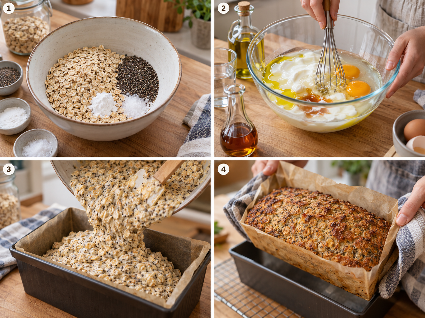 Vier Schritte beim Backen von mehlfreiem Hafer-Chia-Brot