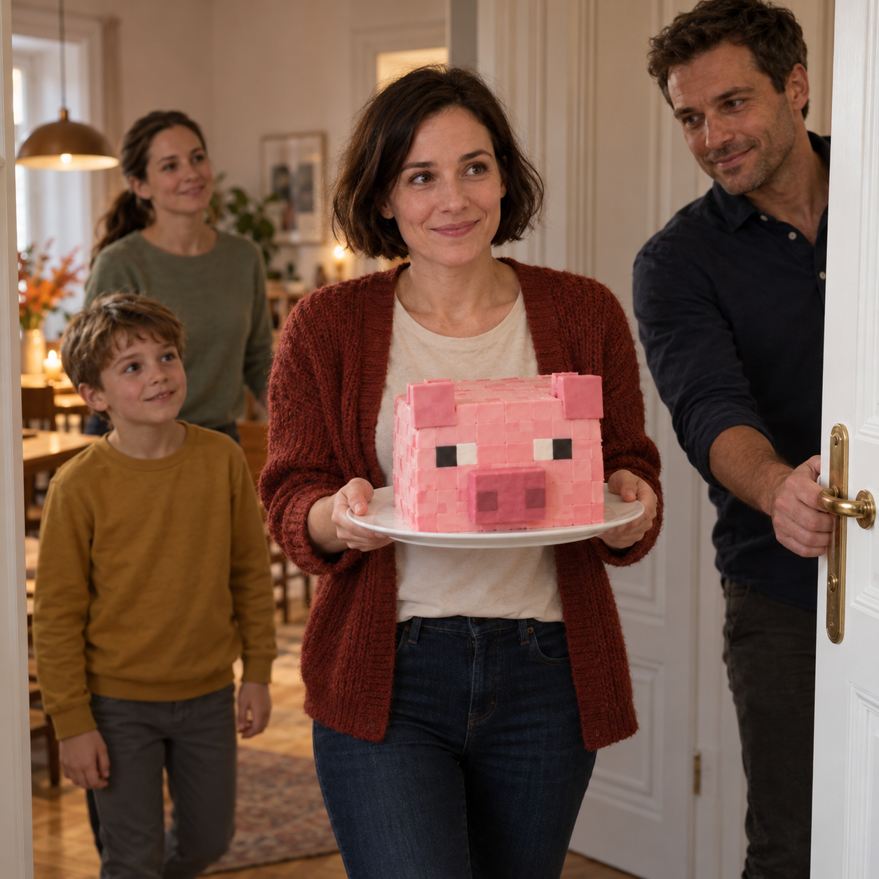 Nora hält eine rosa Minecraft-Schweinetorte, während Martin ihr nach langer Trennung die Wohnungstür öffnet.