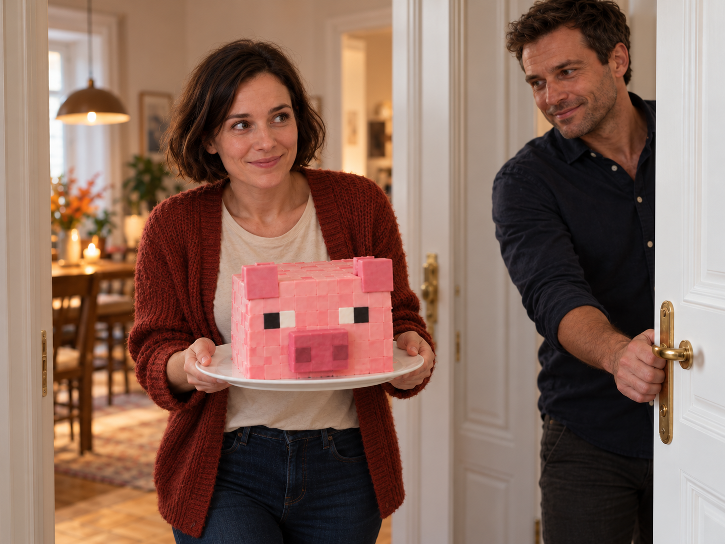 Mit der rosa Schweinetorte in den Händen wartet Nora an der offenen Wohnungstür, während Martin zur Seite tritt.