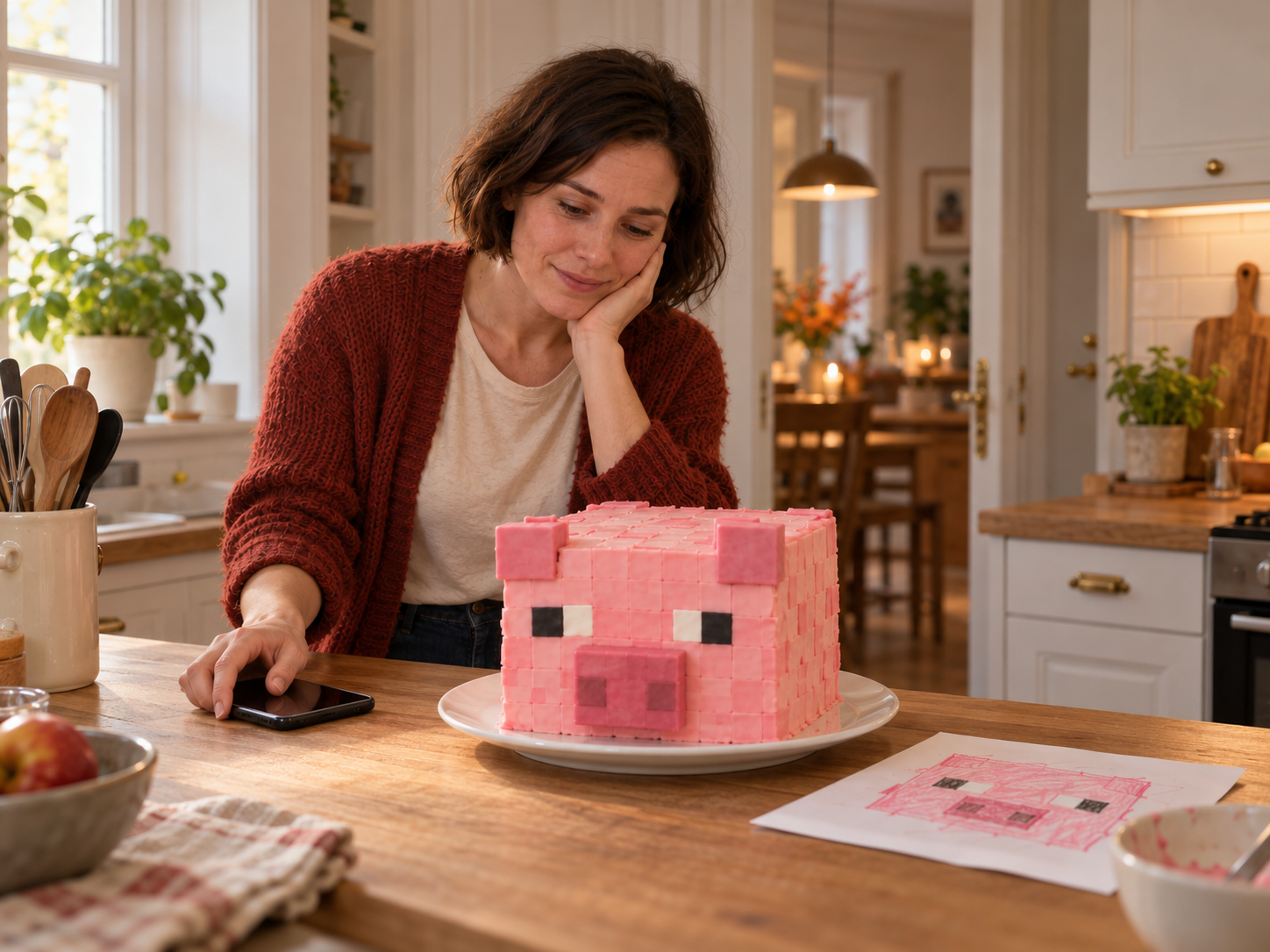 Nora betrachtet die fertige rosa Minecraft-Schweinetorte neben Leos Zeichnung in ihrer Küche.