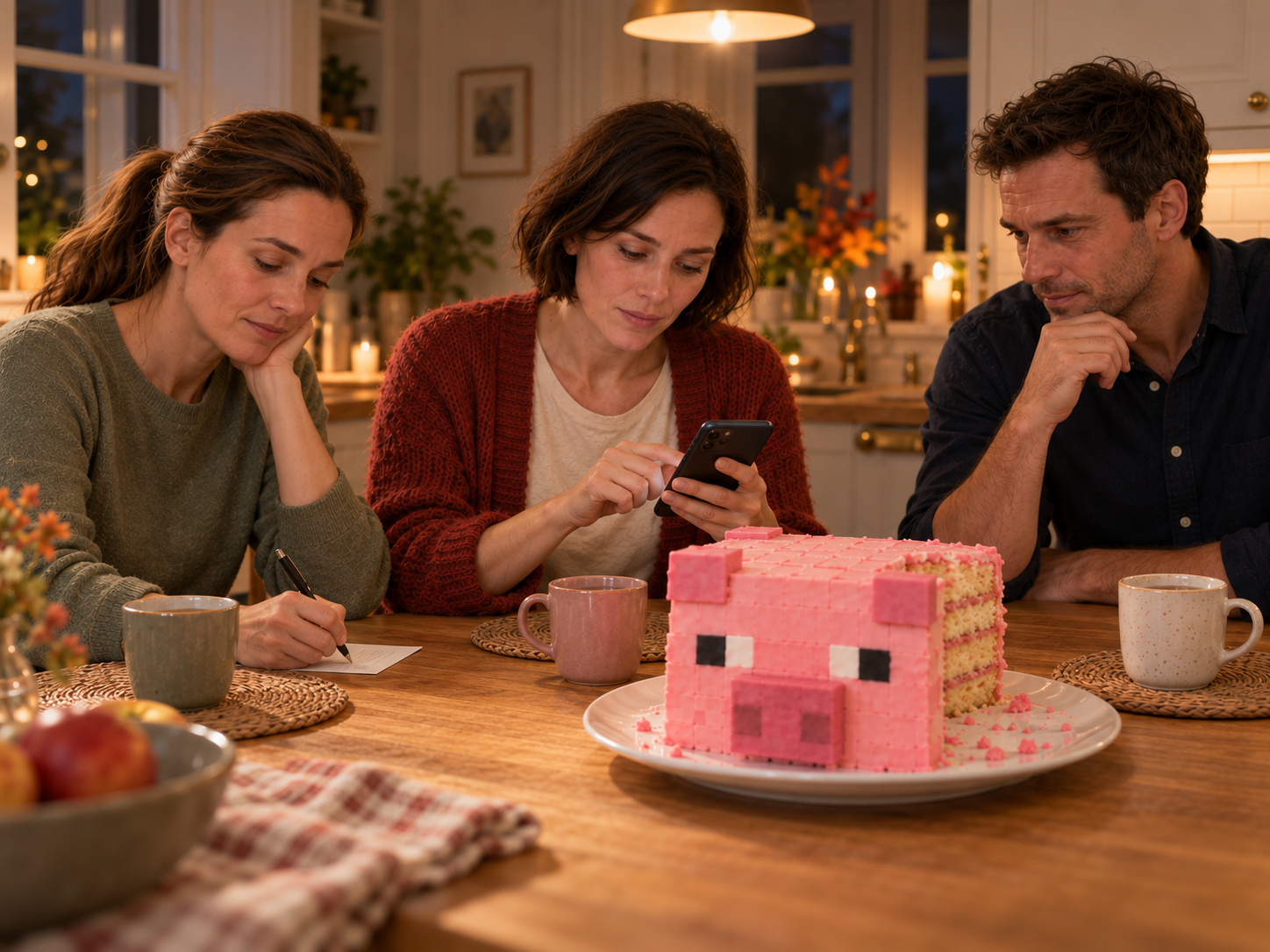 Nora, Clara und Martin vereinbaren am Abend einen Besuchstermin; die angeschnittene rosa Schweinetorte steht zwischen ihren Teetassen.