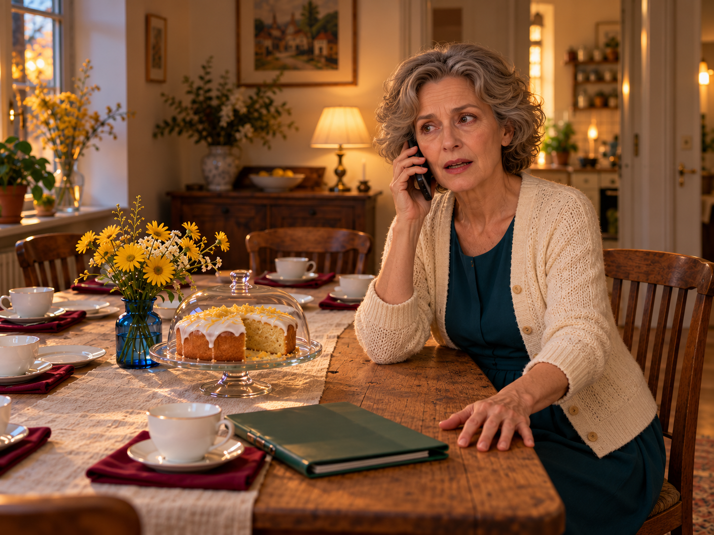 Beim Telefonat mit Eva legt Marianne eine Hand auf den Tisch und spricht ihre Enttäuschung aus.