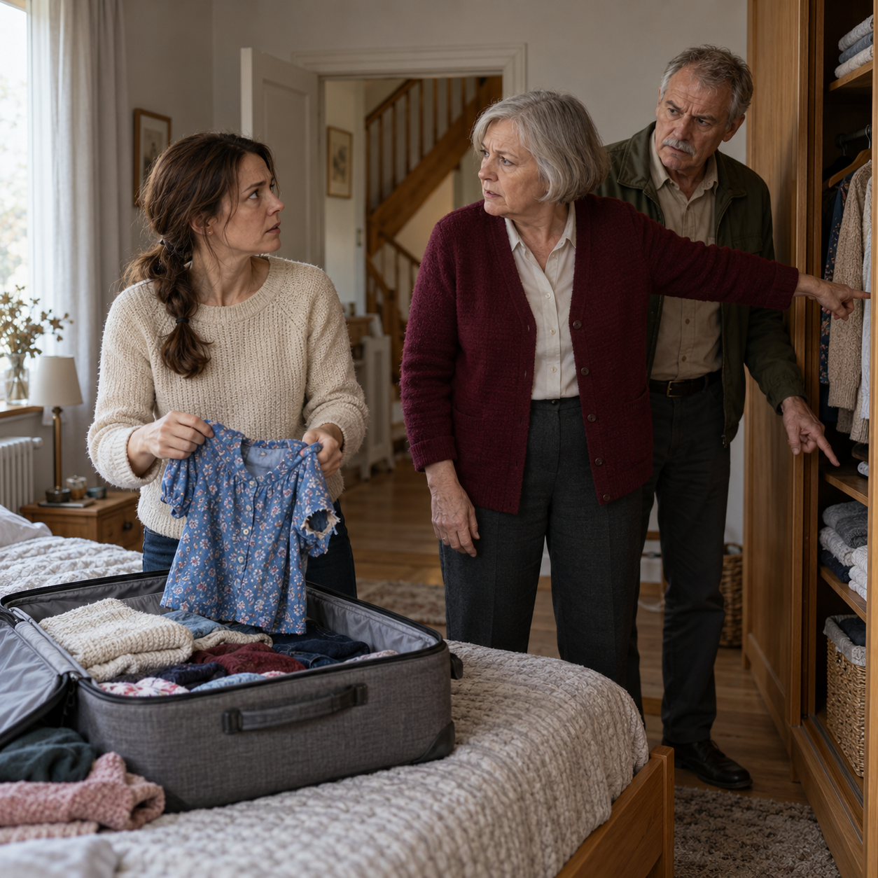 Jule hält beim Kofferpacken inne, während ihre Mutter auf den Schrank und ihr Vater auf ein unteres Fach zeigen.