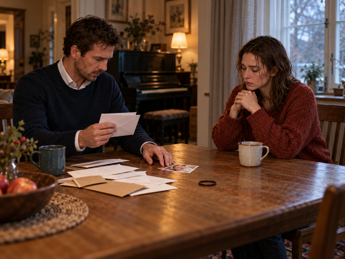 Jonas öffnet am Küchentisch Maras unversandte Briefe; neben seiner Tasse liegt ein frühes Foto von Ida.