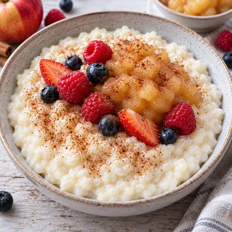 Cremiger Milchreis mit Hafermilch, Zimt und Apfelkompott