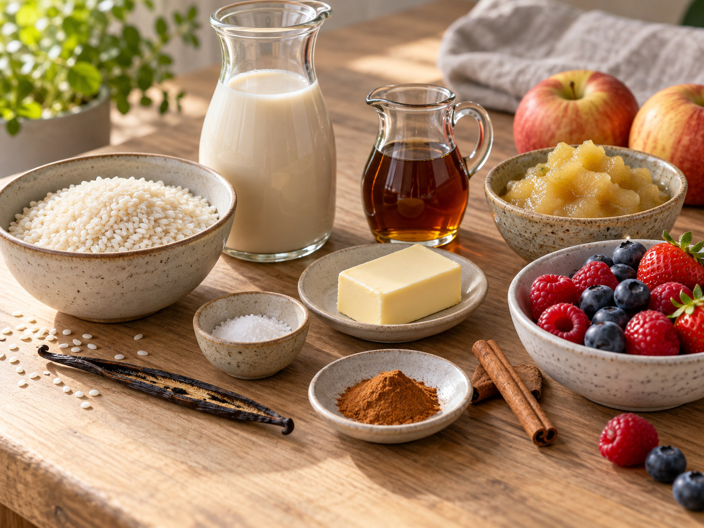 Zutaten für Milchreis mit Hafermilch auf hellem Holz