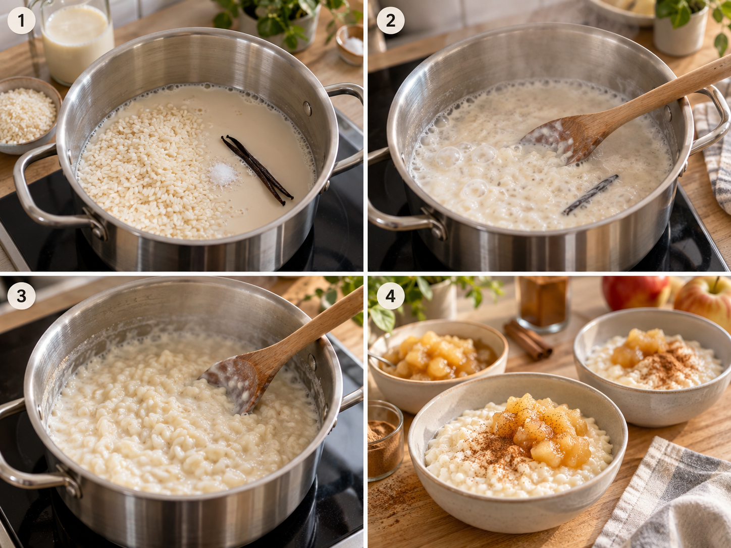 Vier Schritte beim Kochen von Milchreis mit Hafermilch