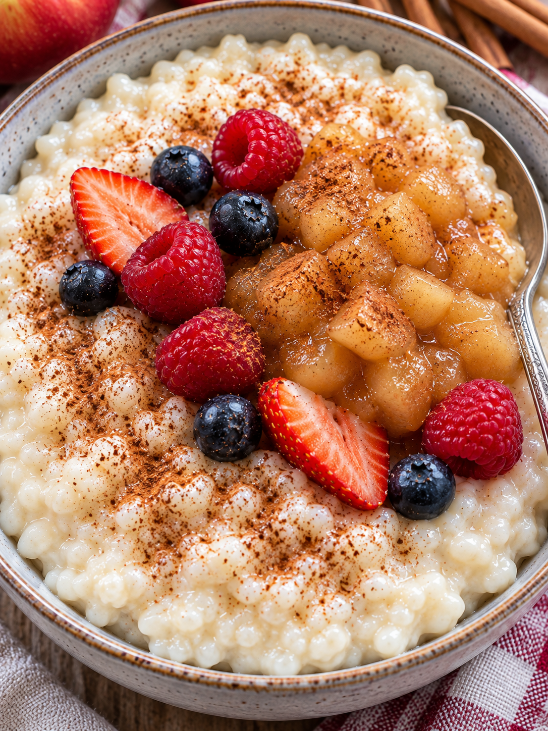 Milchreis mit Hafermilch, Zimt, Apfelkompott und Beeren