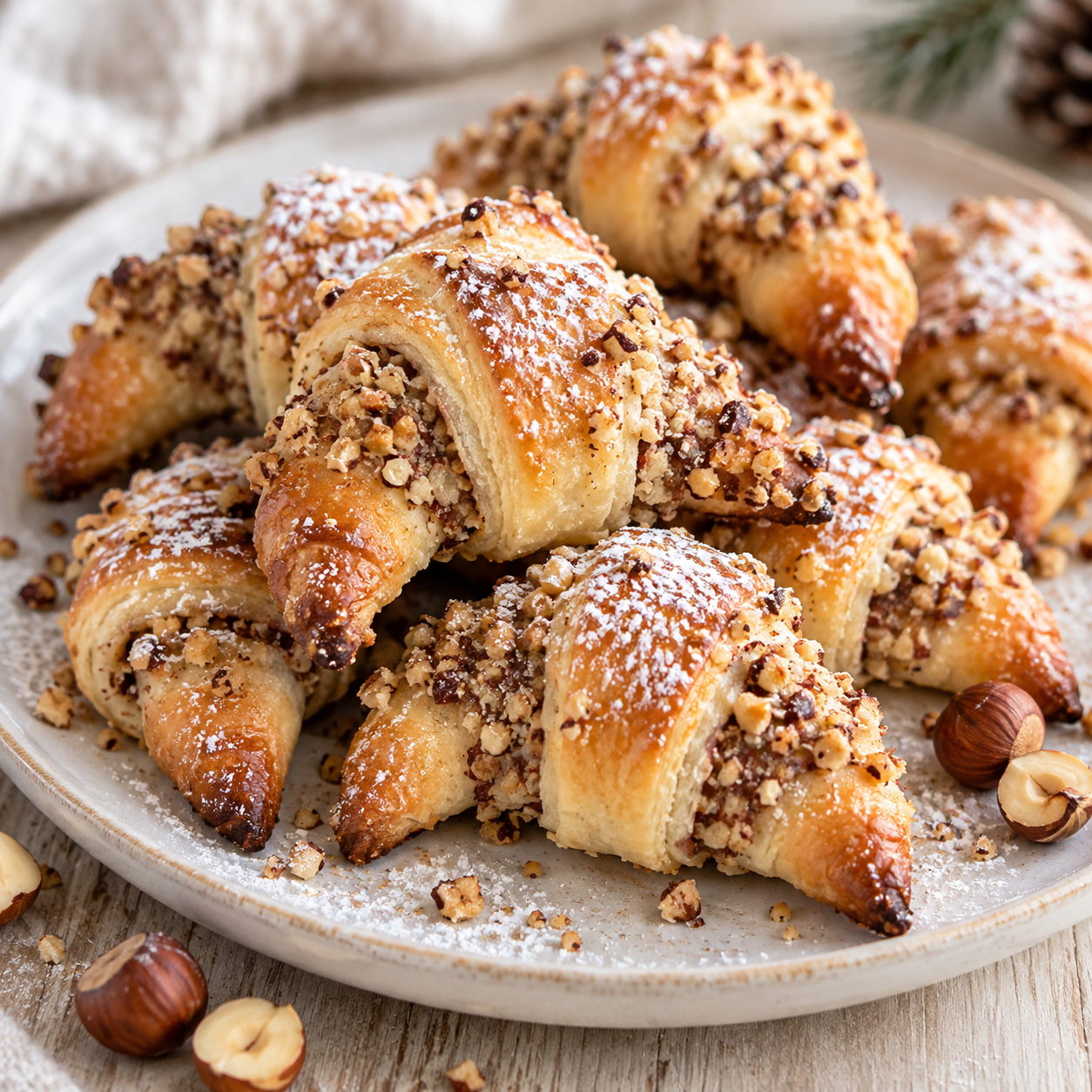 Mini-Nusshörnchen mit Haselnusskruste und Puderzucker