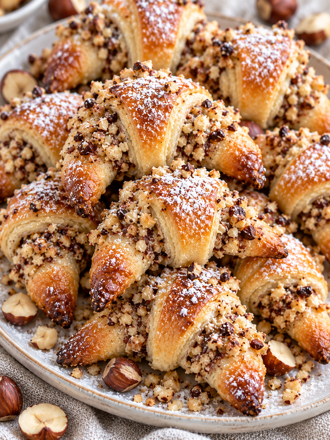 Goldbraune Mini-Nusshörnchen mit Puderzucker auf hellem Leinen