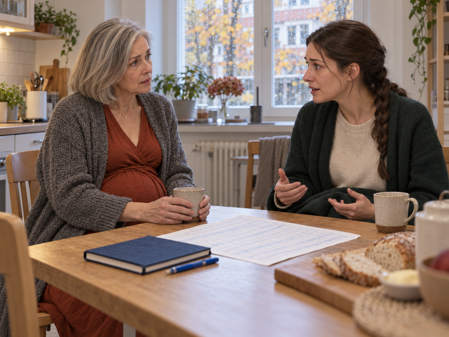 Nele erklärt ihrer schwangeren Mutter am Küchentisch ihre Grenzen, den Mantel noch auf den Knien.
