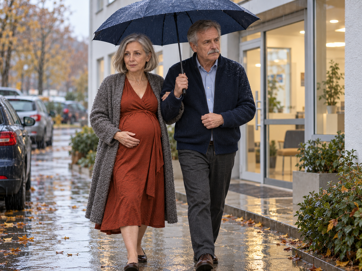 Brigitte und Hannes gehen nach dem Praxisbesuch langsam unter einem gemeinsamen Schirm durch den Regen.