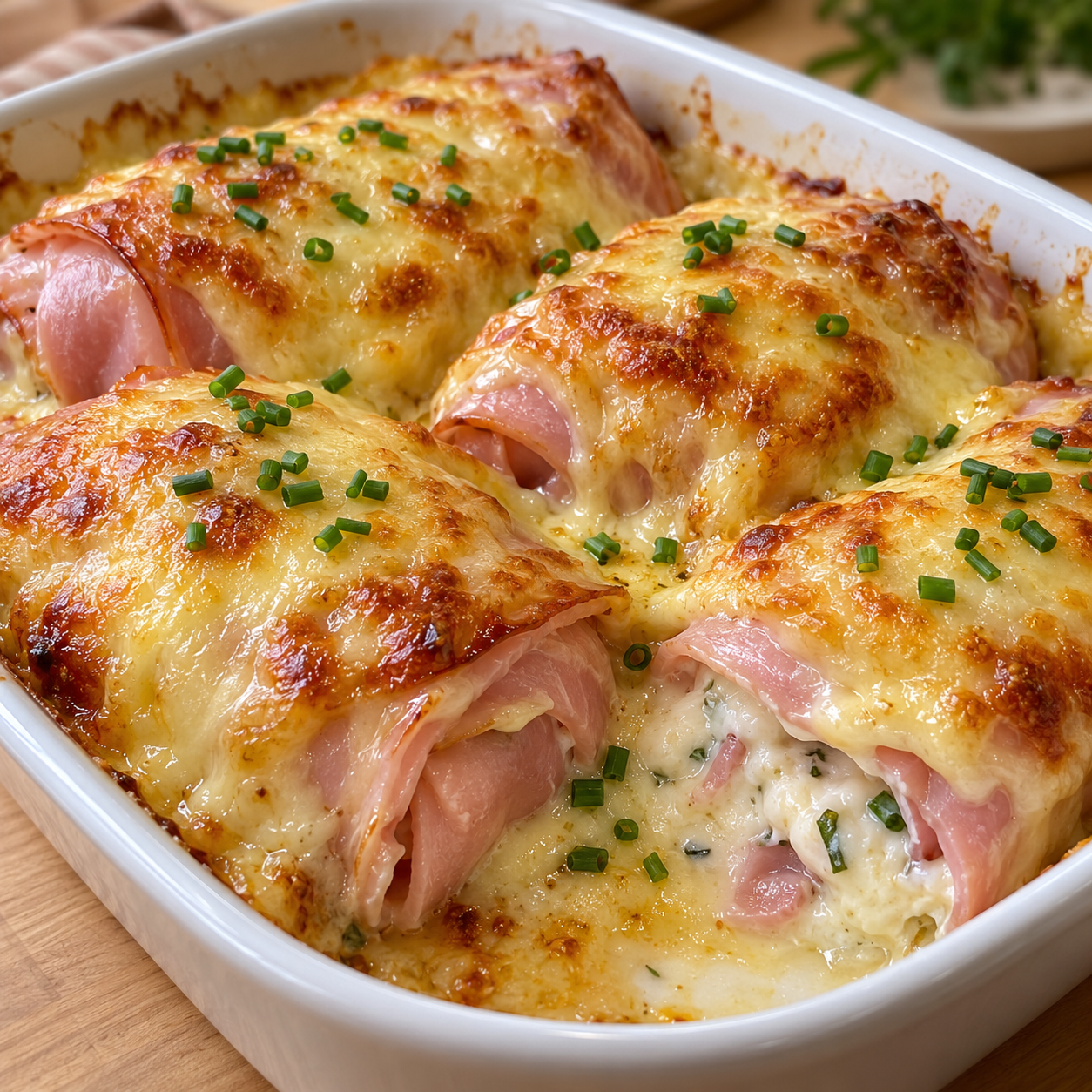 Goldbraun überbackene Schinkenpäckchen mit Käse in einer Auflaufform