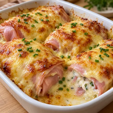 Goldbraun überbackene Schinkenpäckchen mit Käse in einer Auflaufform