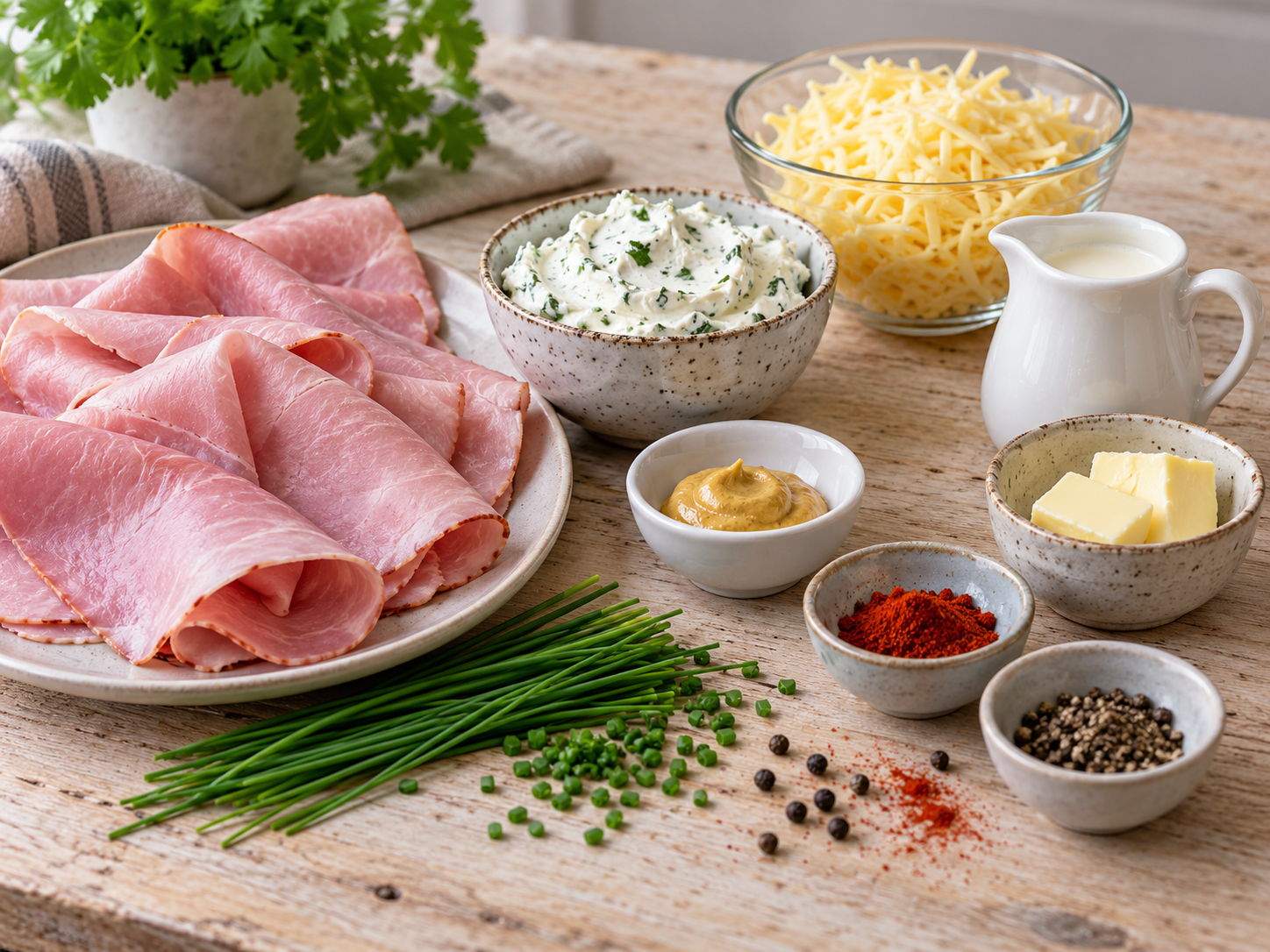 Zutaten für Schinkenpäckchen mit Frischkäse, Gouda und Schnittlauch