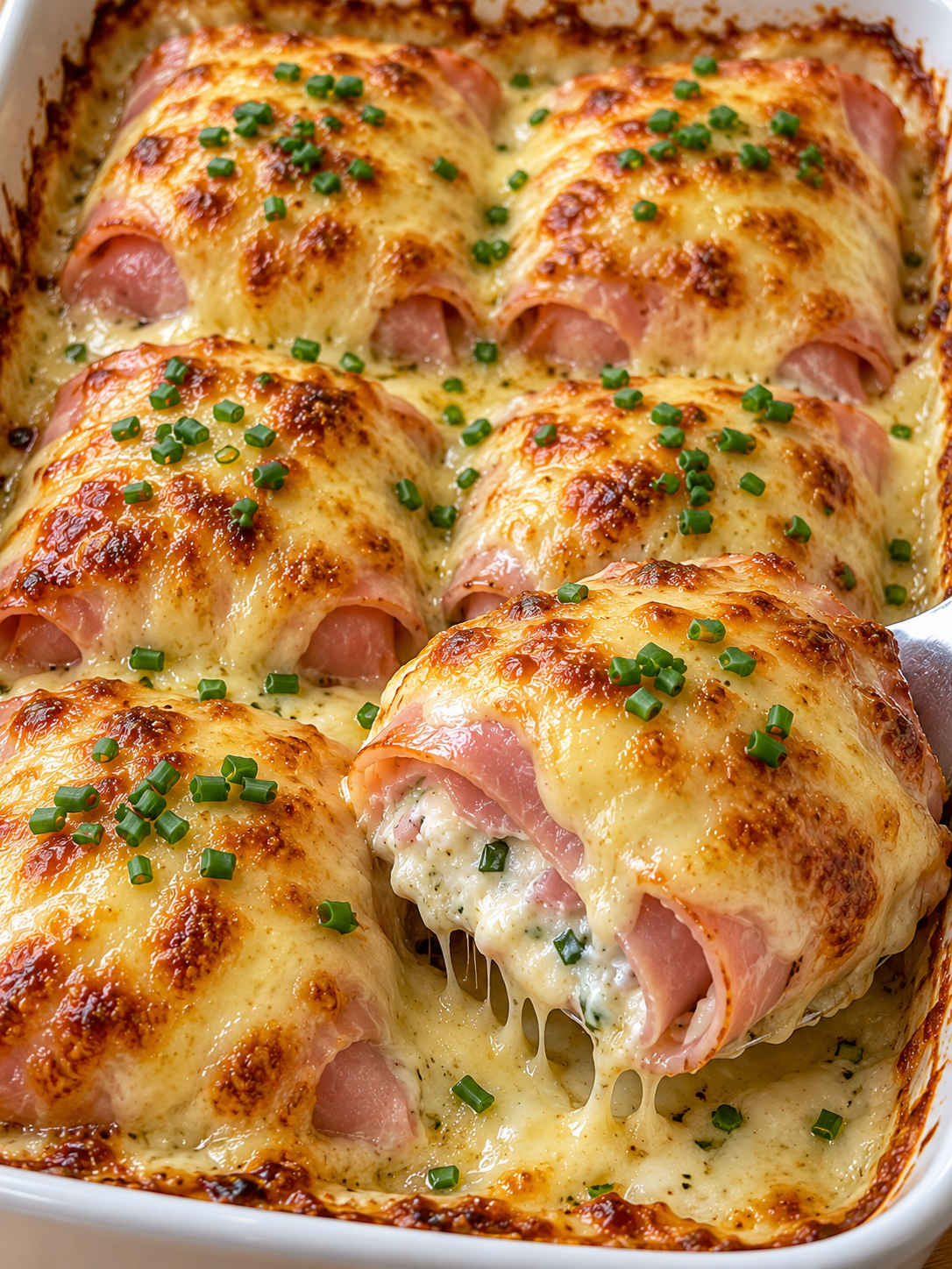 Überbackene Schinkenpäckchen mit goldbraunem Käse und Schnittlauch