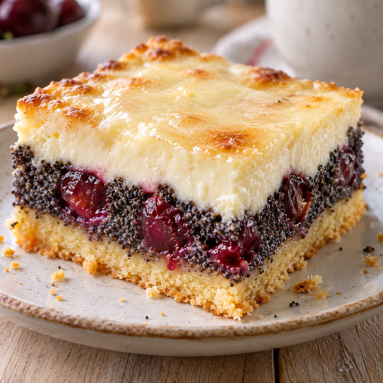 Mohn-Schmand-Kuchen mit Kirschen und hellem Schmandguss auf einem Teller