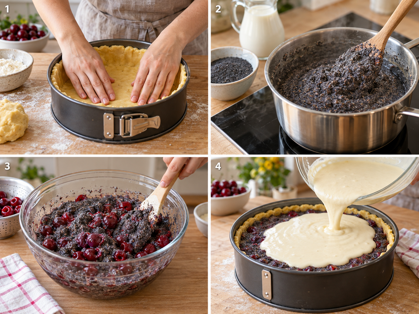 Vier Zubereitungsschritte für Mohn-Schmand-Kuchen mit Kirschen