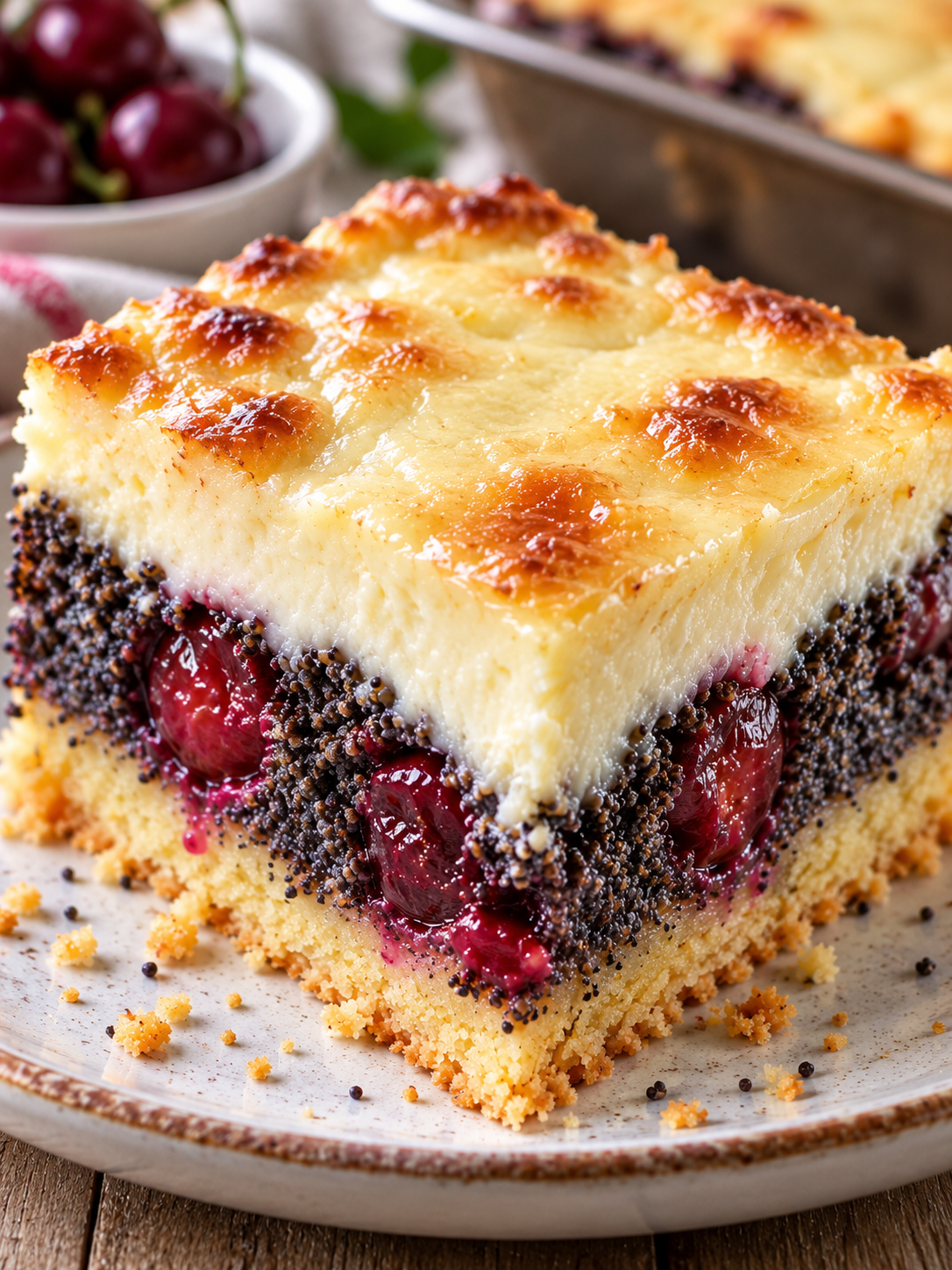 Saftiges Stück Mohn-Schmand-Kuchen mit Kirschen und cremigem Guss