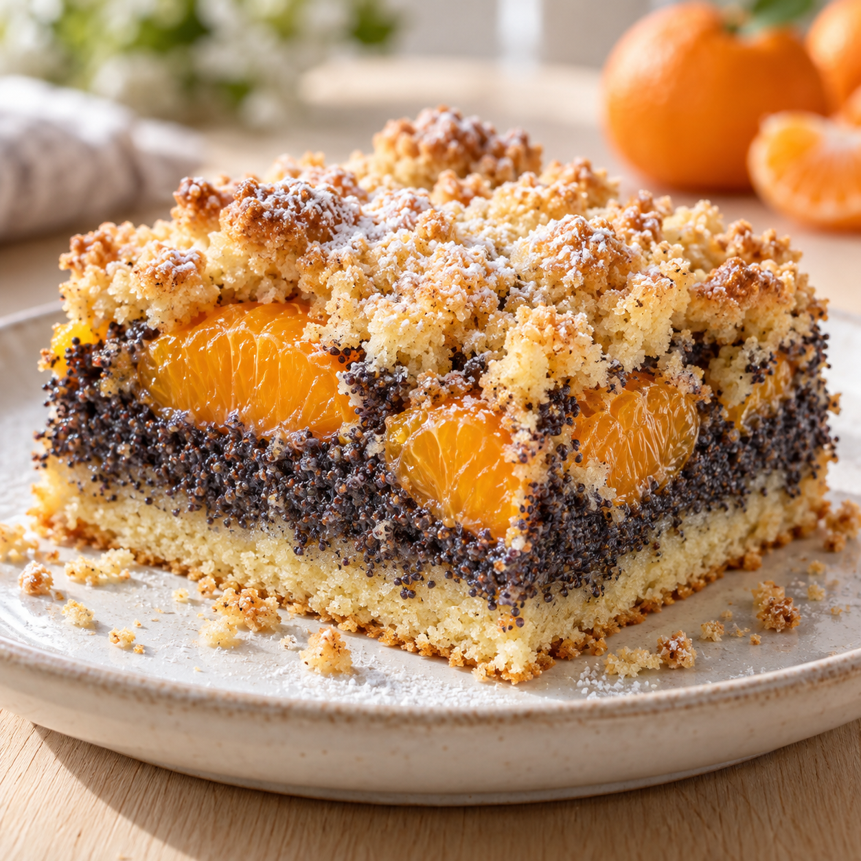 Mohnkuchen mit Mandarinen und goldenen Streuseln auf hellem Teller