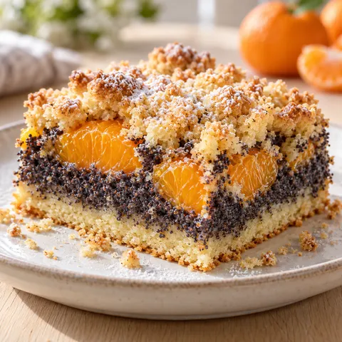 Mohnkuchen mit Mandarinen und goldenen Streuseln auf hellem Teller