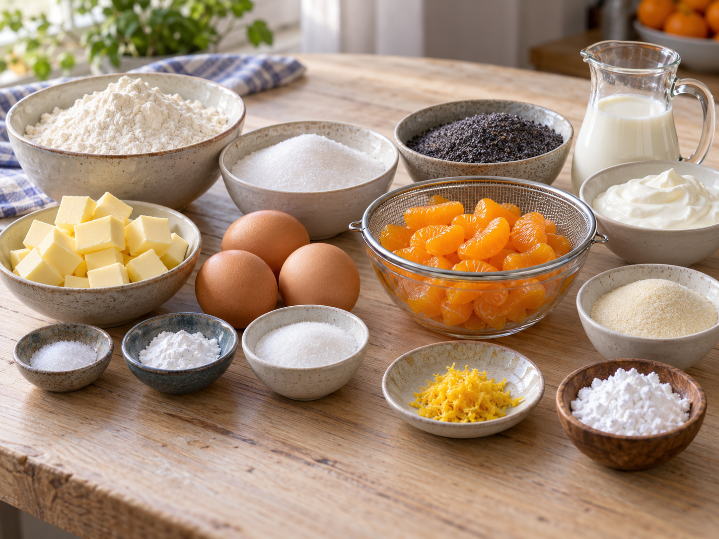 Zutaten für Mohnkuchen mit Mandarinen und Streuseln auf Holzfläche