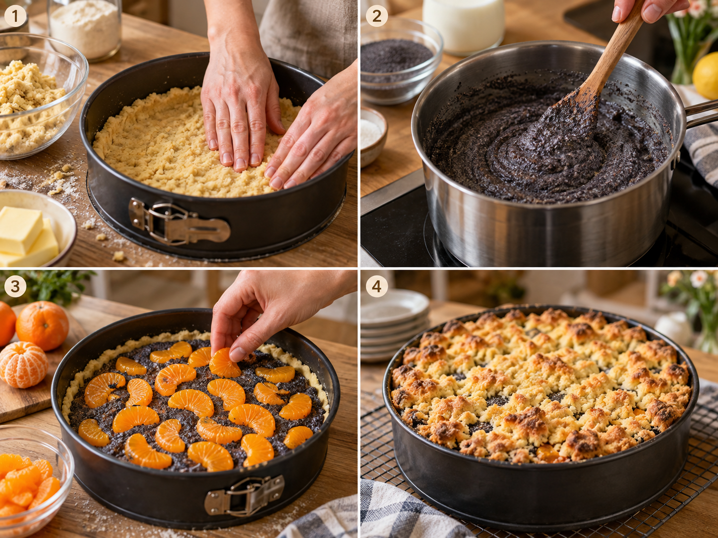 Vier Schritte für Mohnkuchen mit Mandarinen und Streuseln