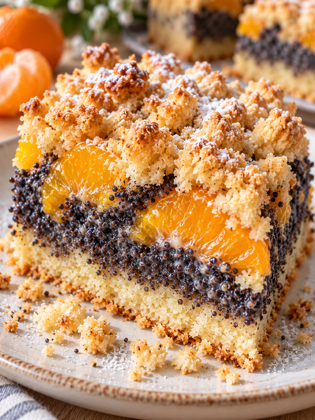 Saftiges Stück Mohnkuchen mit Mandarinen und knusprigen Streuseln