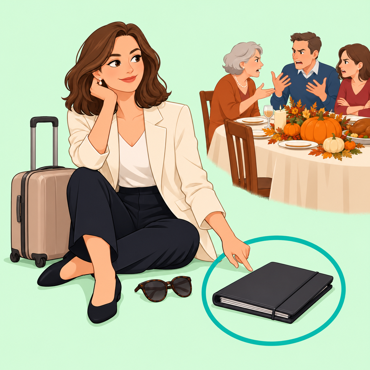 Symbolische Darstellung einer Frau mit Reisekoffer und Dokumentenmappe abseits eines Thanksgiving-Tisches.