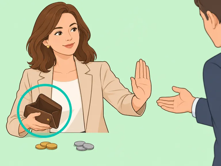Eine Frau prüft ihre finanziellen Möglichkeiten und lehnt eine zusätzliche Zahlung höflich ab.