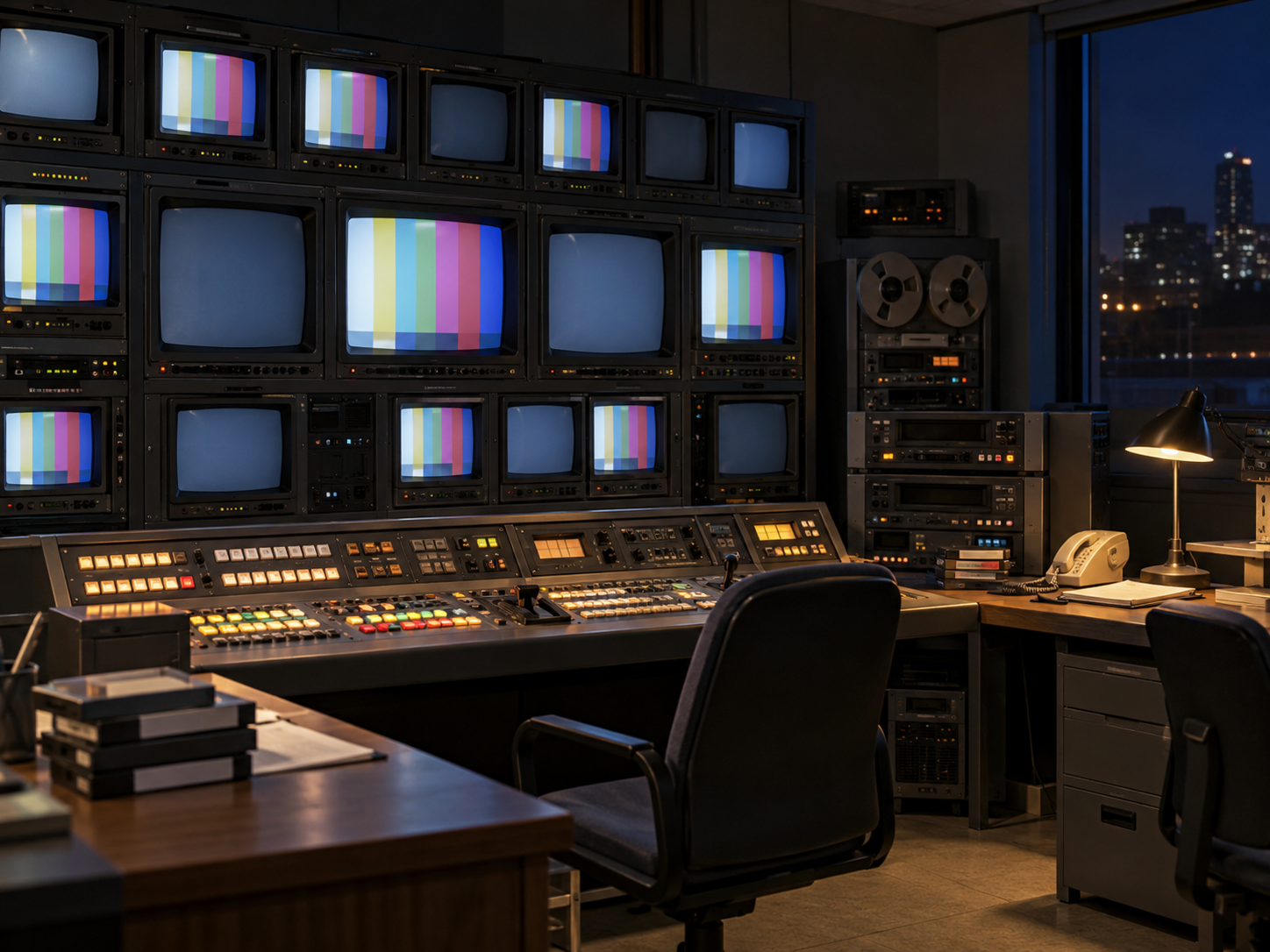 Ein analoger Fernsehkontrollraum bei Nacht mit Monitoren und technischen Konsolen.