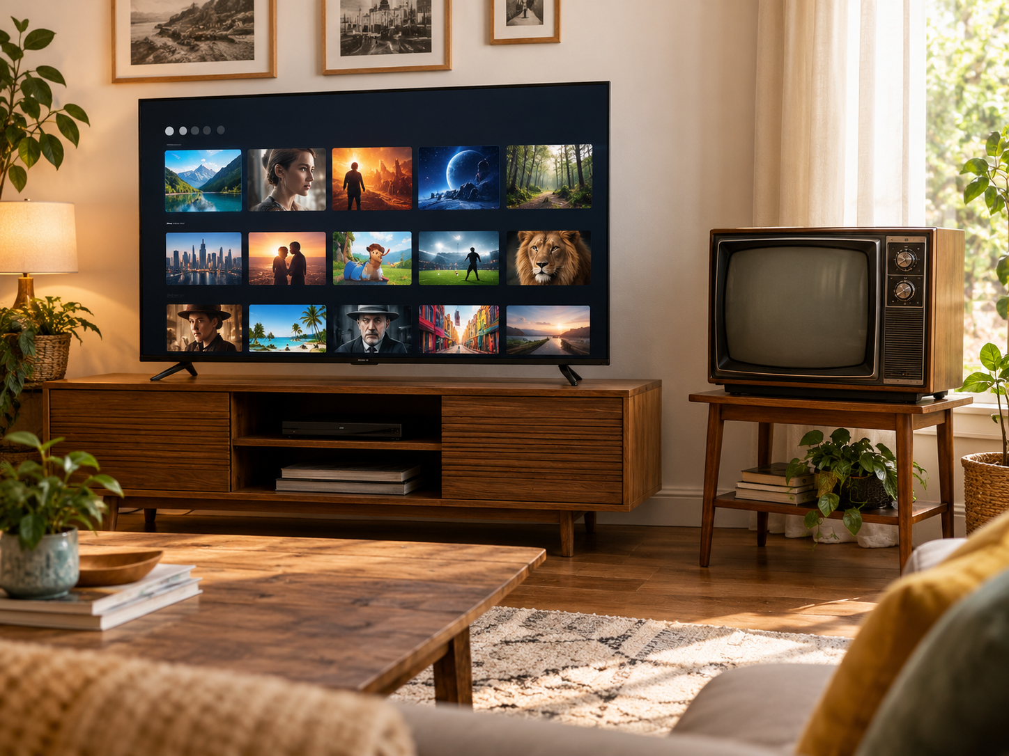 Ein moderner Fernseher und ein ausgeschalteter alter Röhrenfernseher stehen in einem Wohnzimmer.