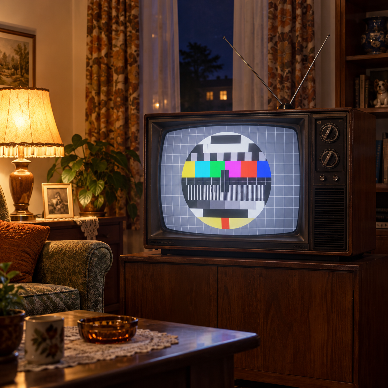 Ein alter Röhrenfernseher zeigt nachts ein geometrisches Testbild in einem Wohnzimmer.