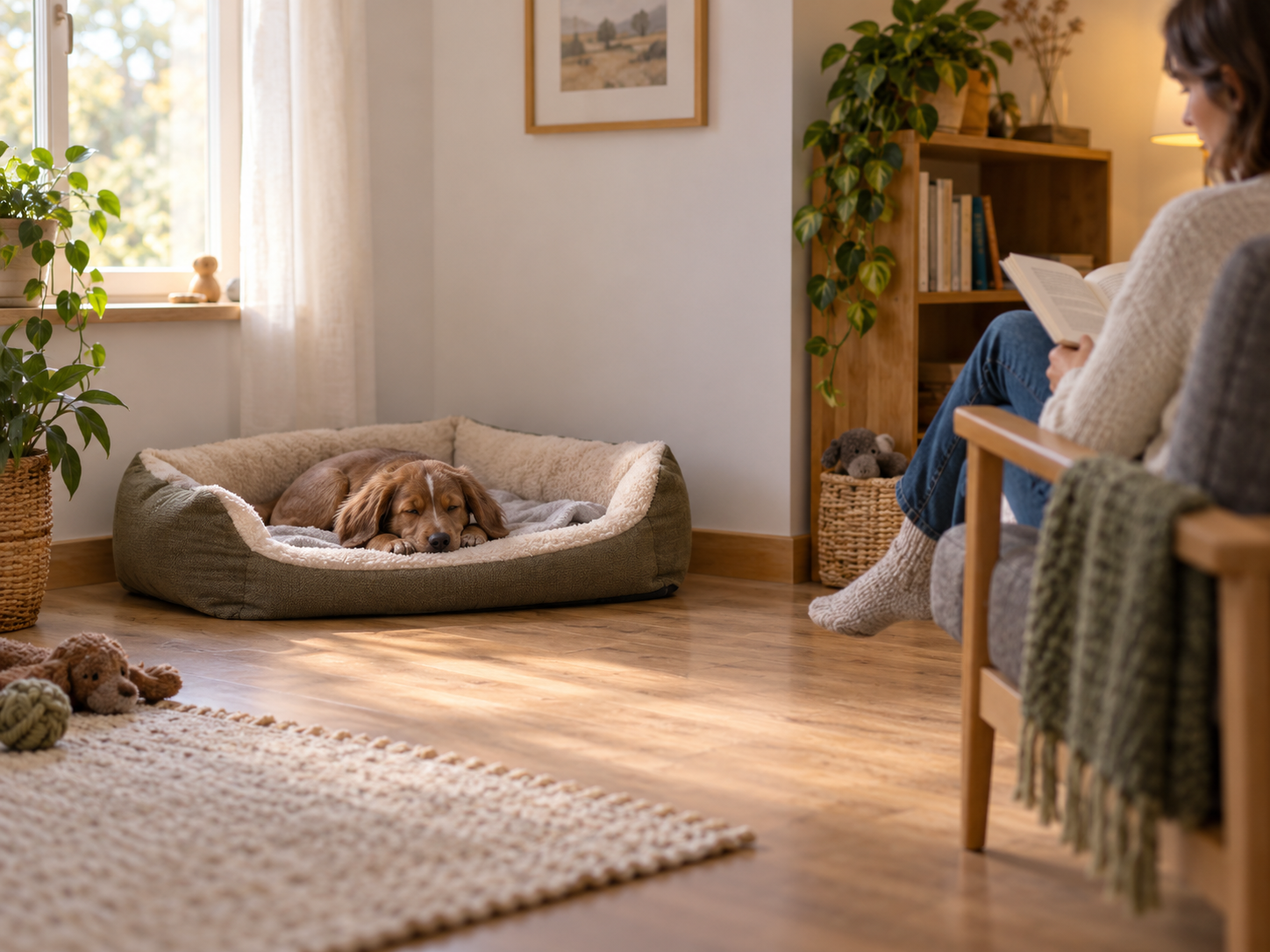 Illustration von Narwhal auf einem Hundebett mit einer Betreuungsperson in respektvollem Abstand.