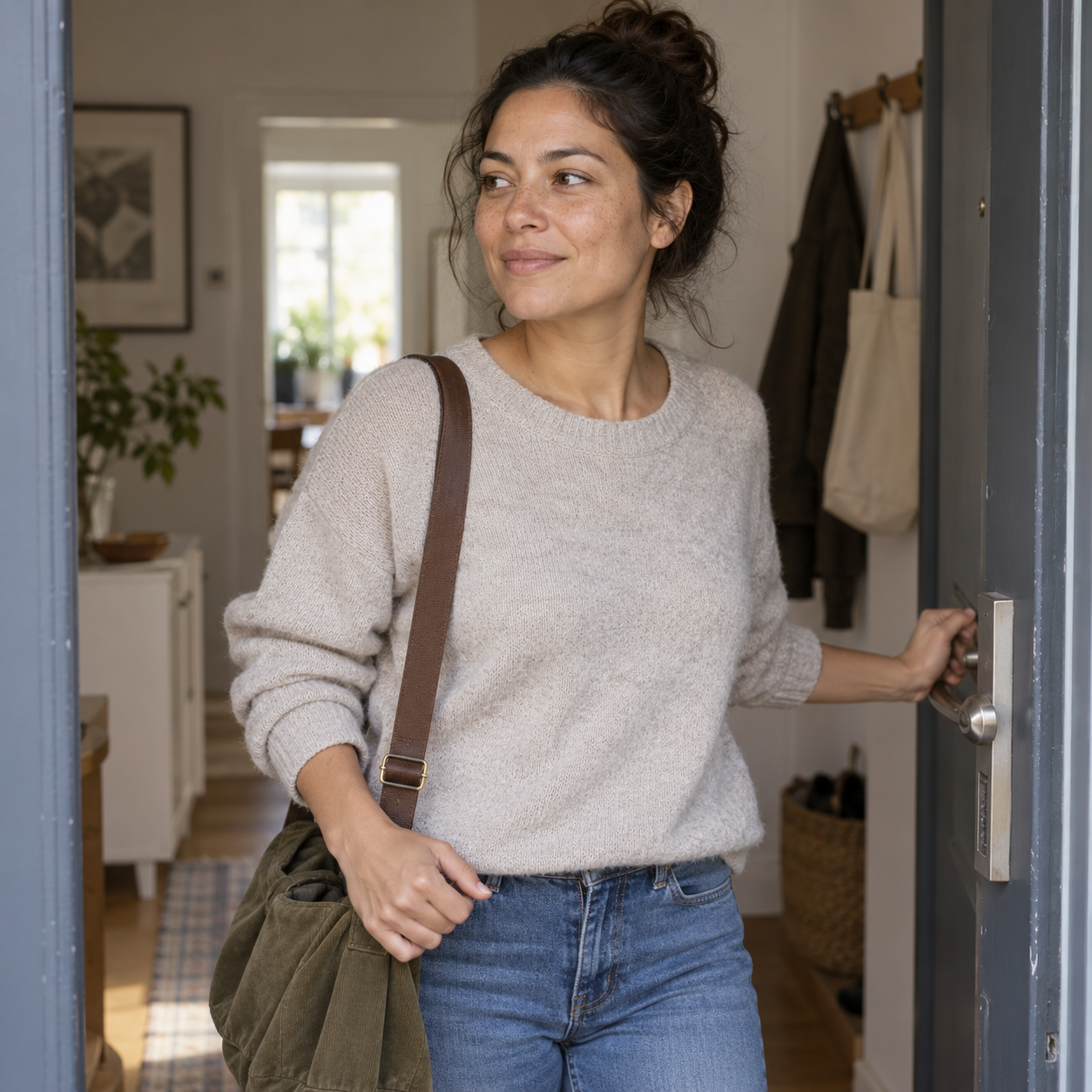Illustration einer ungeschminkten Frau mit natürlicher Hautstruktur beim Verlassen ihrer Wohnung.