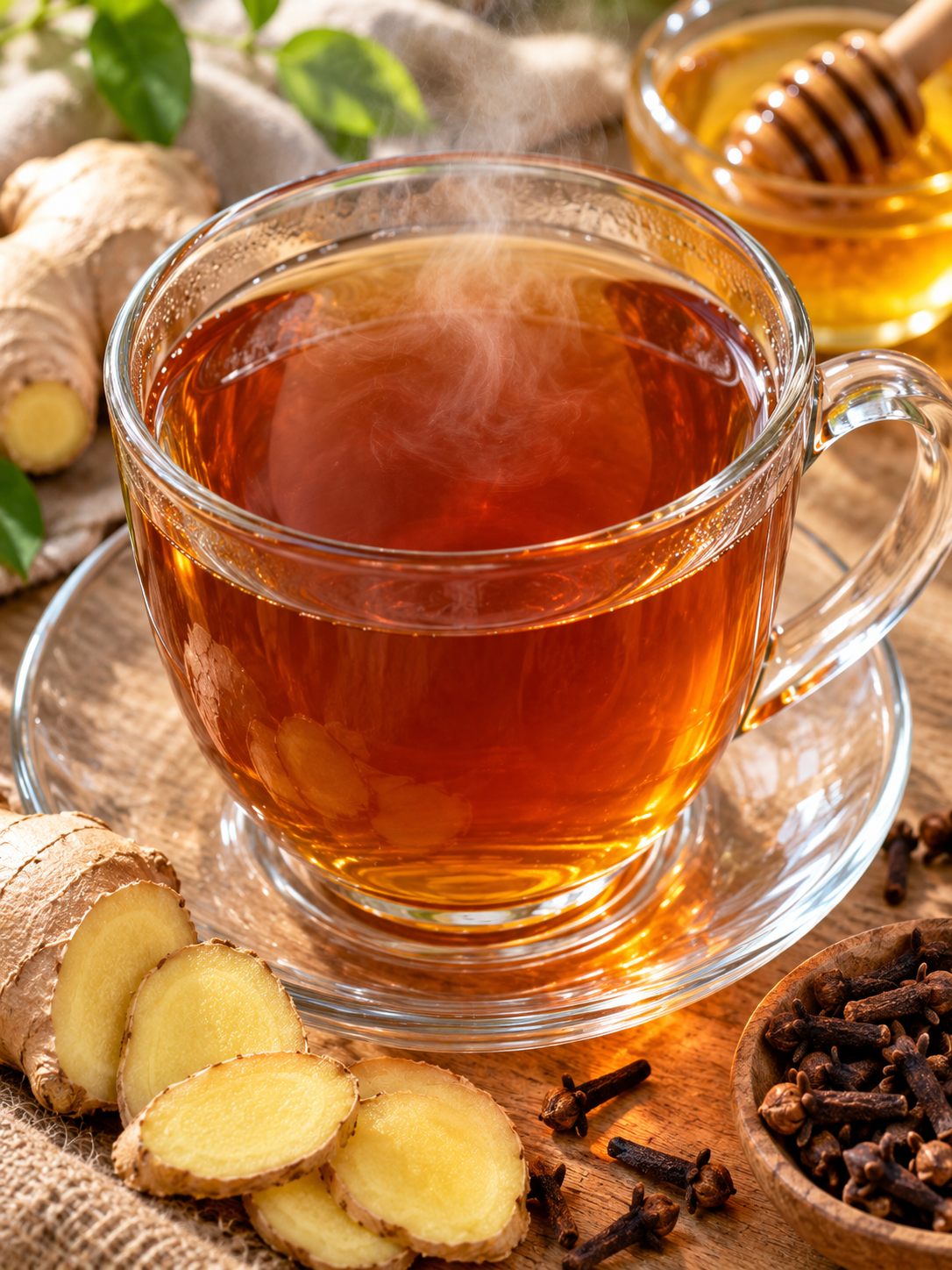 Tasse Nelkentee mit Ingwer, Honig und ganzen Nelken