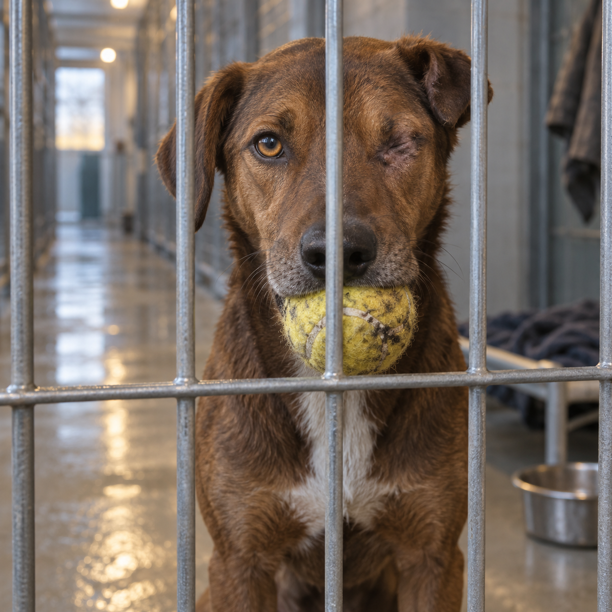 Ein brauner einäugiger Tierheimhund hält einen abgenutzten Tennisball hinter Gitterstäben.