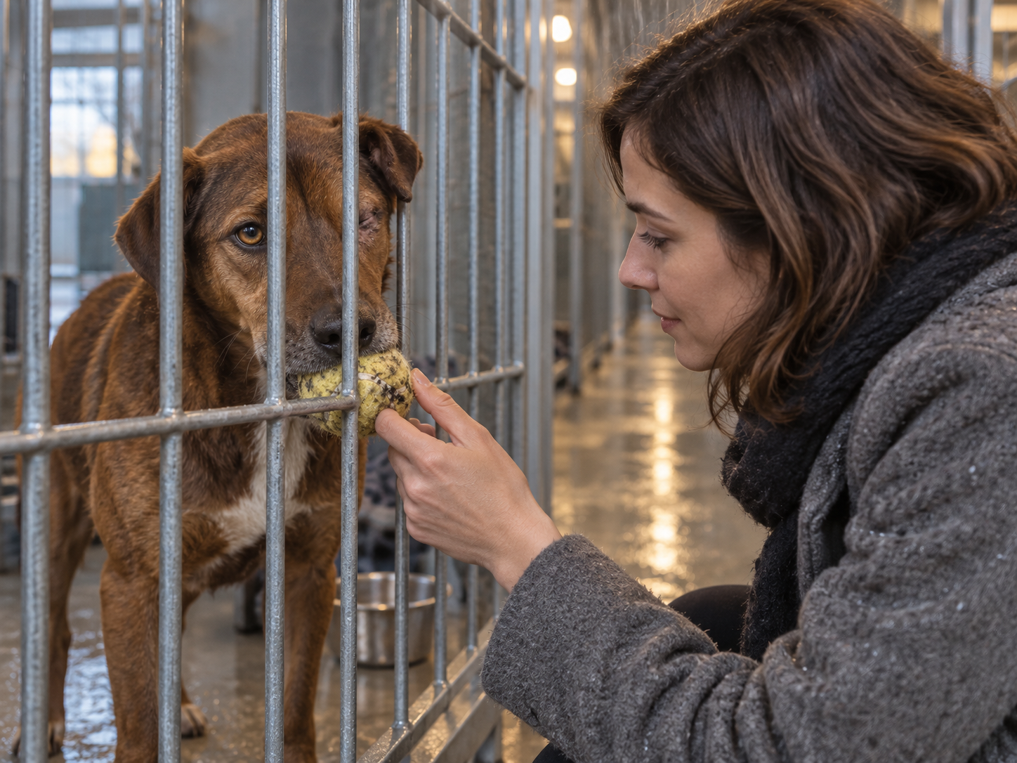 Lea hockt im Tierheimflur vor Neron, der ihr seinen alten Tennisball durch das Gitter schiebt.