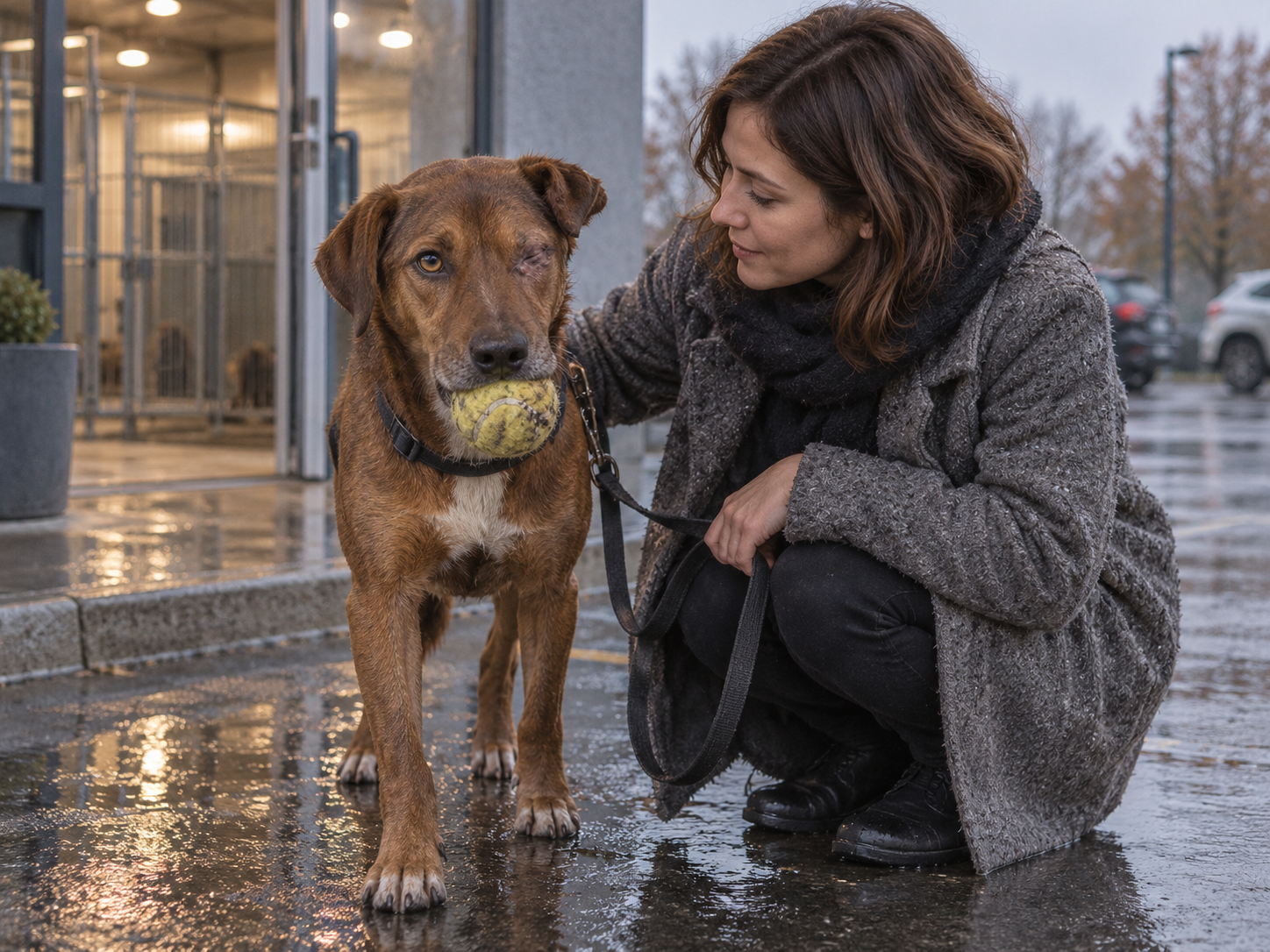 Lea kniet auf dem nassen Tierheimplatz neben Neron, der mit Ball im Maul zögert.