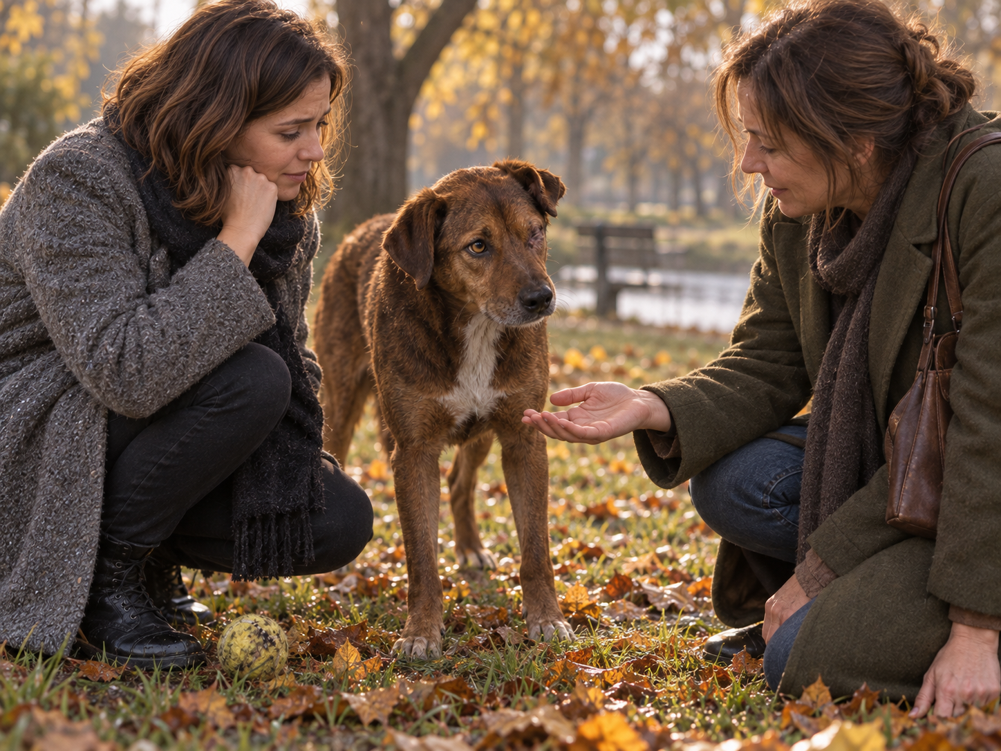 Neron steht im Park zwischen Lea und Marlene, der alte Tennisball liegt im Gras.
