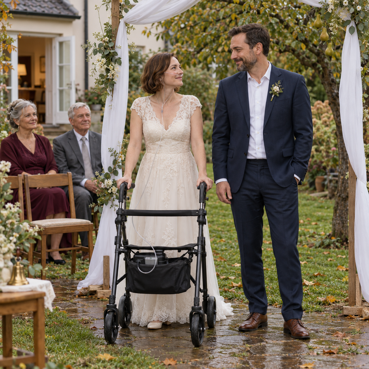 Nora im Brautkleid mit Nasenkanüle und Rollator neben Erik im dunkelblauen Anzug unter einem Gartenbogen.