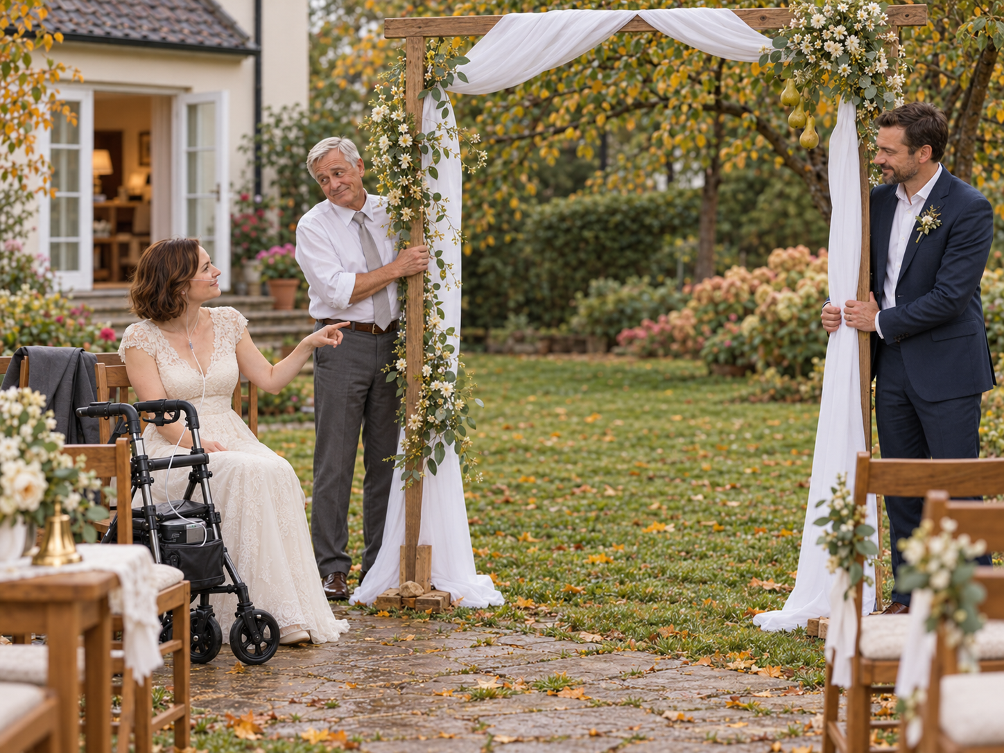 Nora zeigt ihrem Vater und Erik, wo der weiße Gartenbogen stehen soll; ihr Vater reagiert mit einem vertrauten Blick.