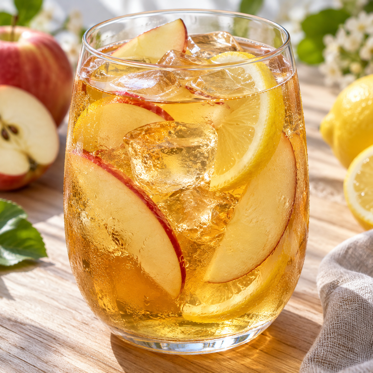 Normannischer Tee mit Apfelwein, Eis, Apfel und Zitrone