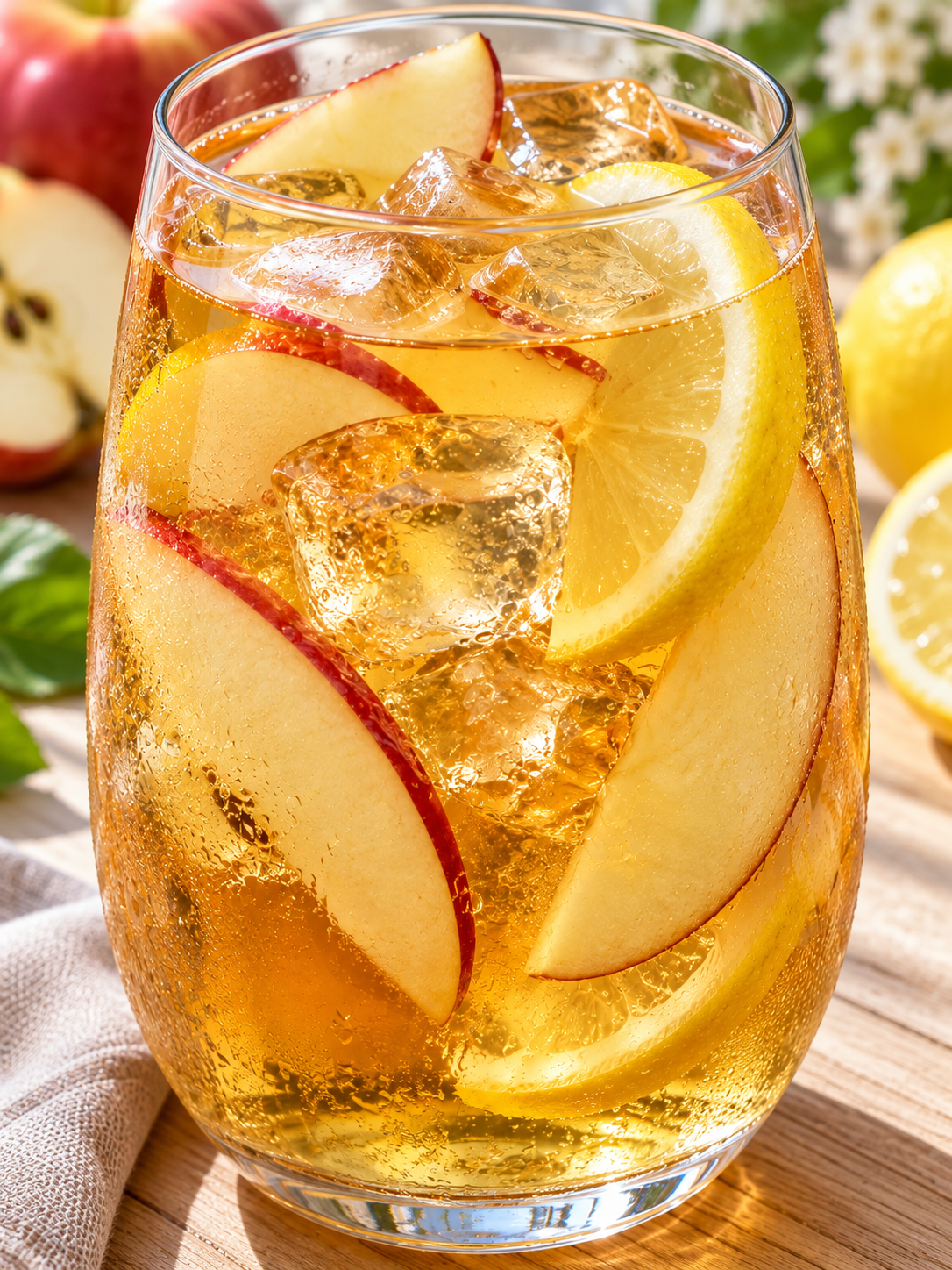 Kaltes Glas Normannischer Tee mit Apfelwein, Apfel und Zitrone