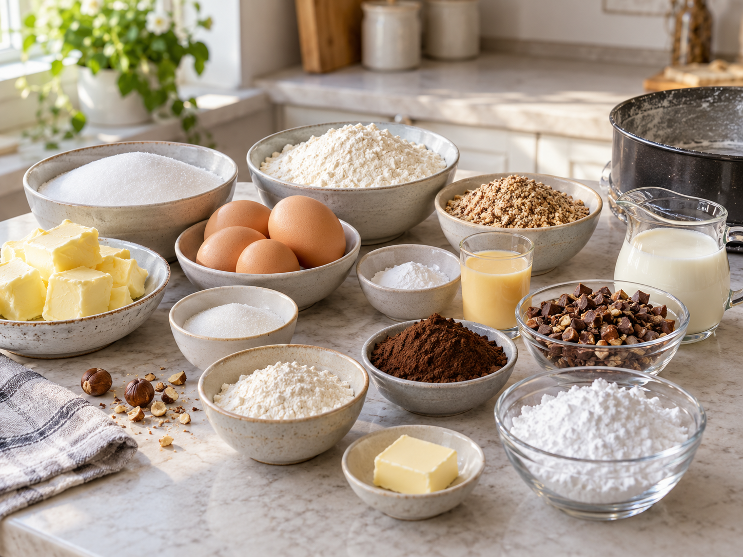 Zutaten für Nougat-Eierlikör-Gugelhupf auf heller Arbeitsfläche