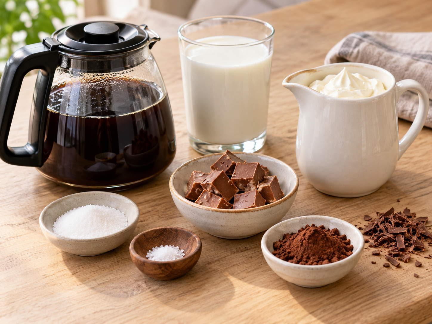 Zutaten für Nougatkaffee mit Kaffee, Milch, Nougat und Sahne